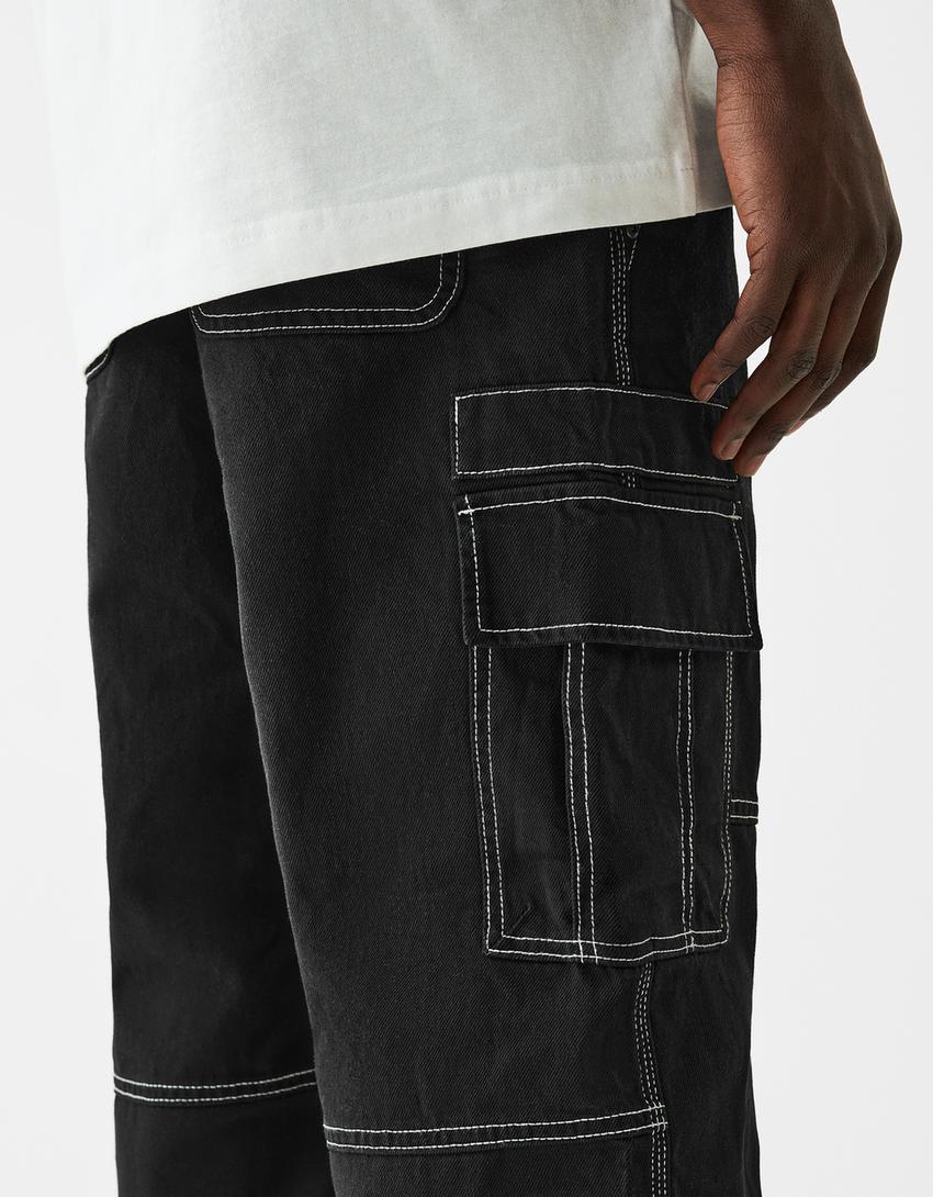 Cotton cargo trousers with contrast seams-Black-5