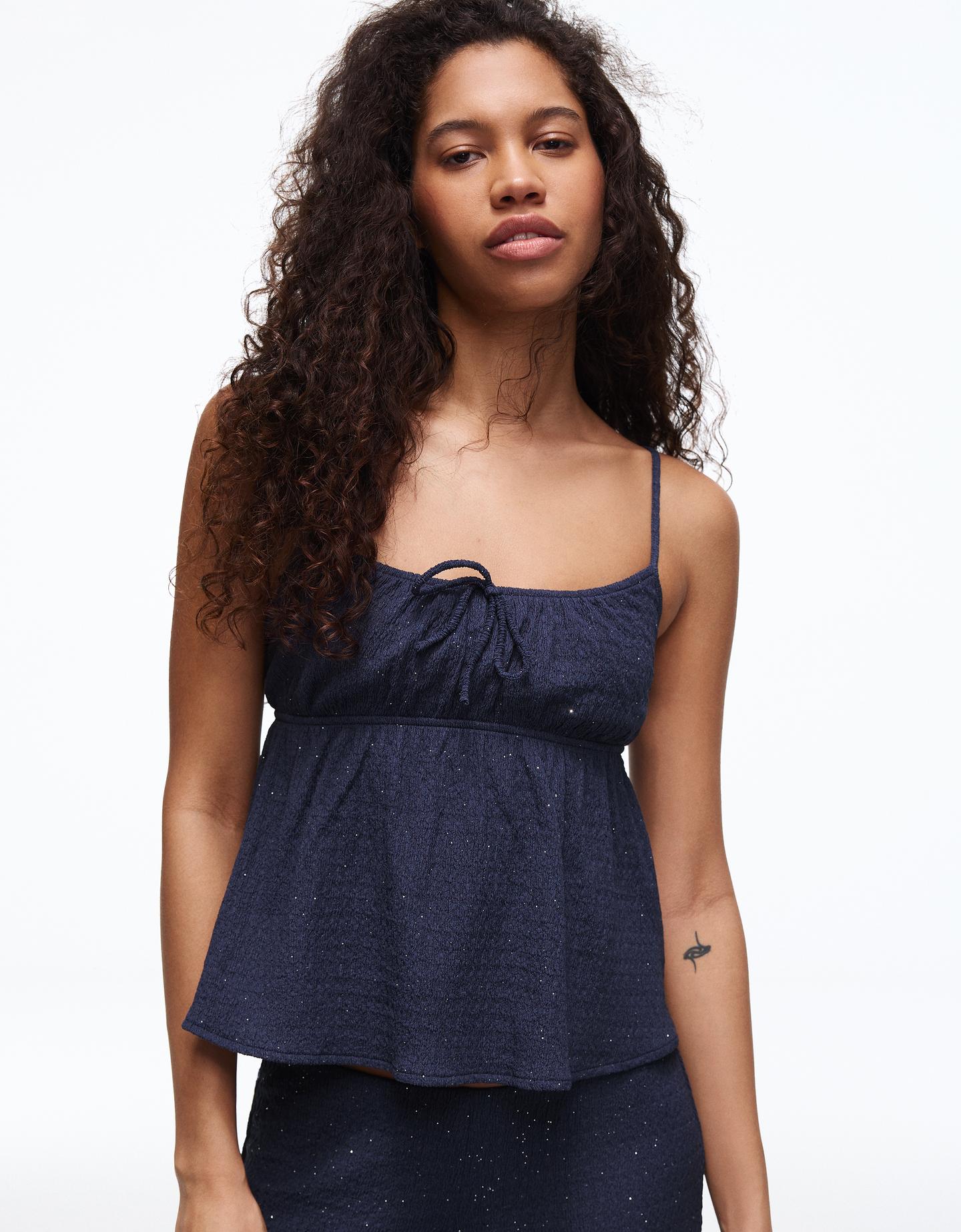 Bershka rustykalny top błyszczący granatowy