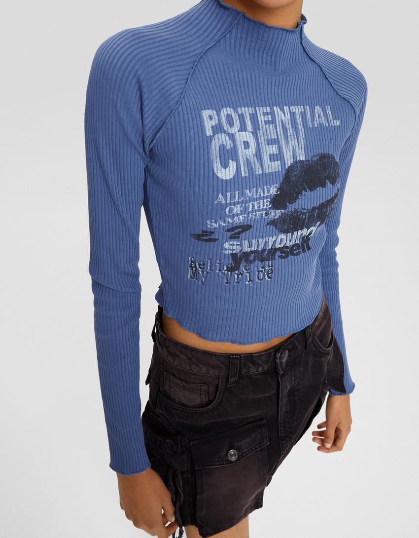 سويتر بطبعة وأكمام طويلة-أزرق-2