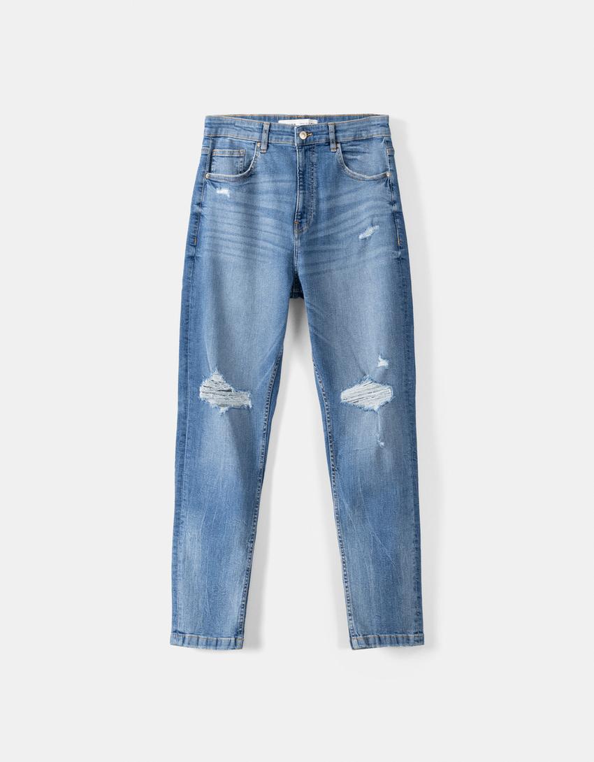 Jeans carrot fit rasgões-Azul lavado-4