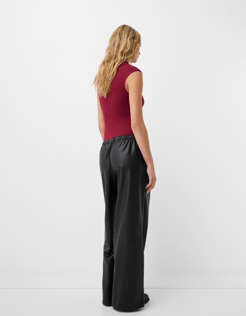Faux leather wide-leg trousers-Black-2
