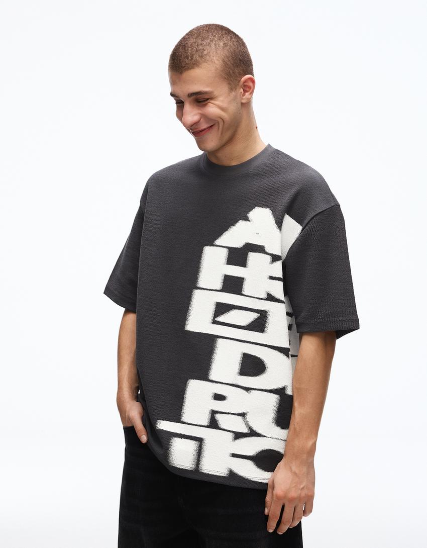 Short sleeve plush print T-shirt-Grey