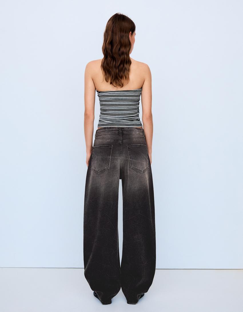 Jeans barrel pinggang tinggi-Hitam