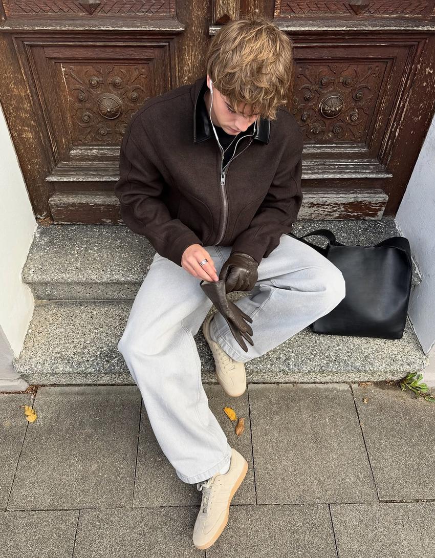 Cazadora paño cuello contraste-Marrón