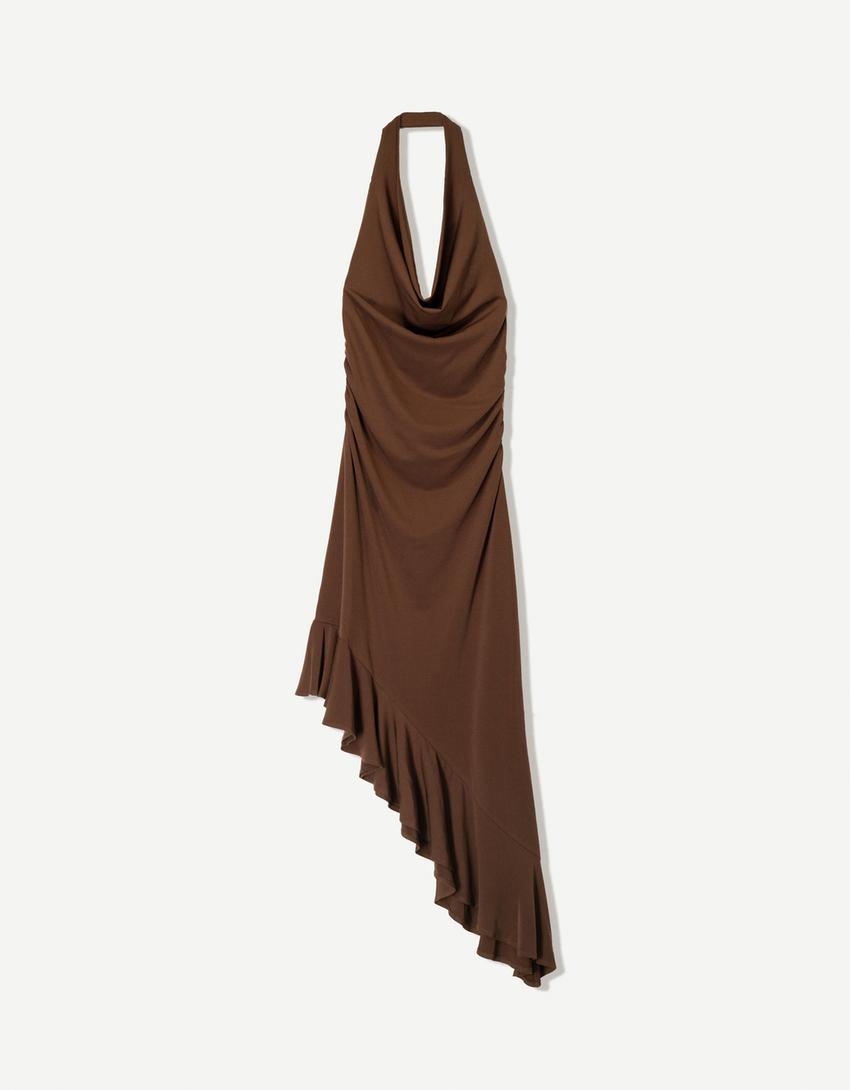 Midi dress with asymmetric hem-Brown-5