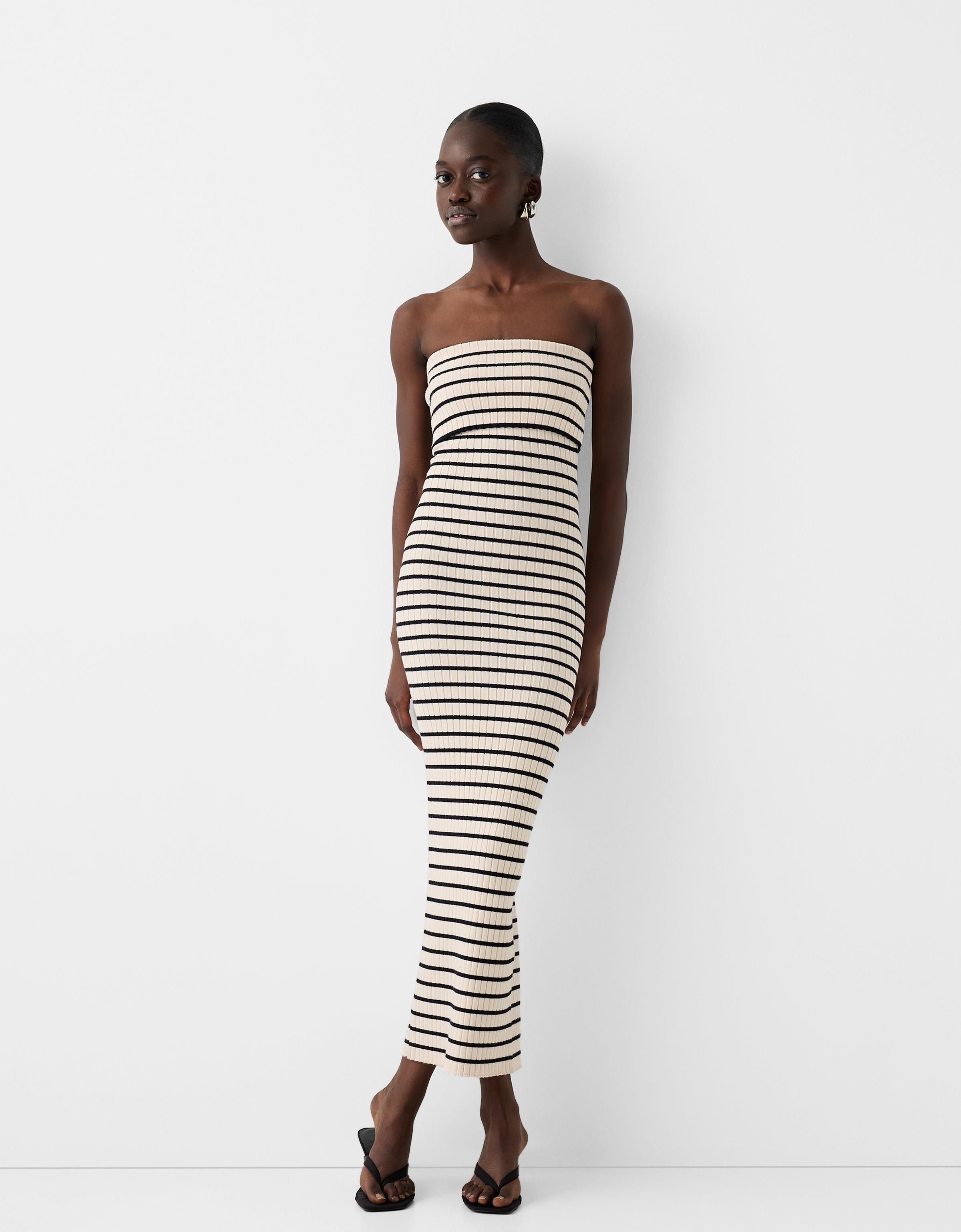 Striped bandeau midi dress - Women | Bershka