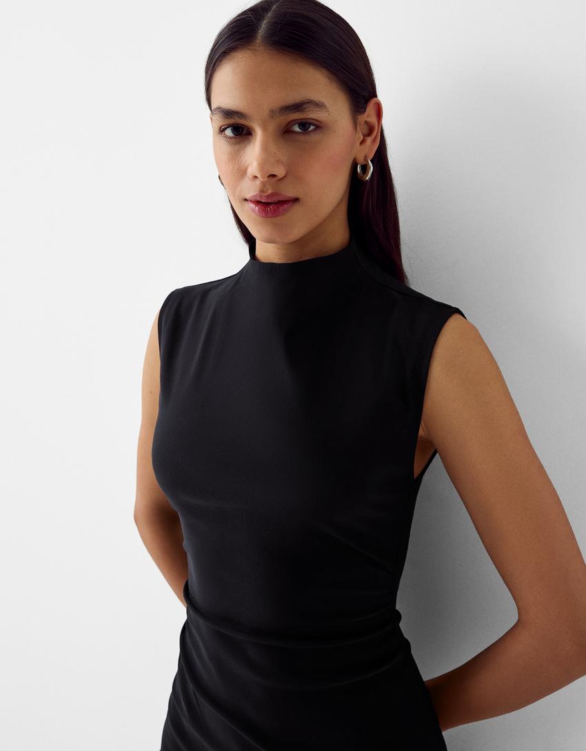 Къса рокля от бенгалин без ръкави-Черно-3