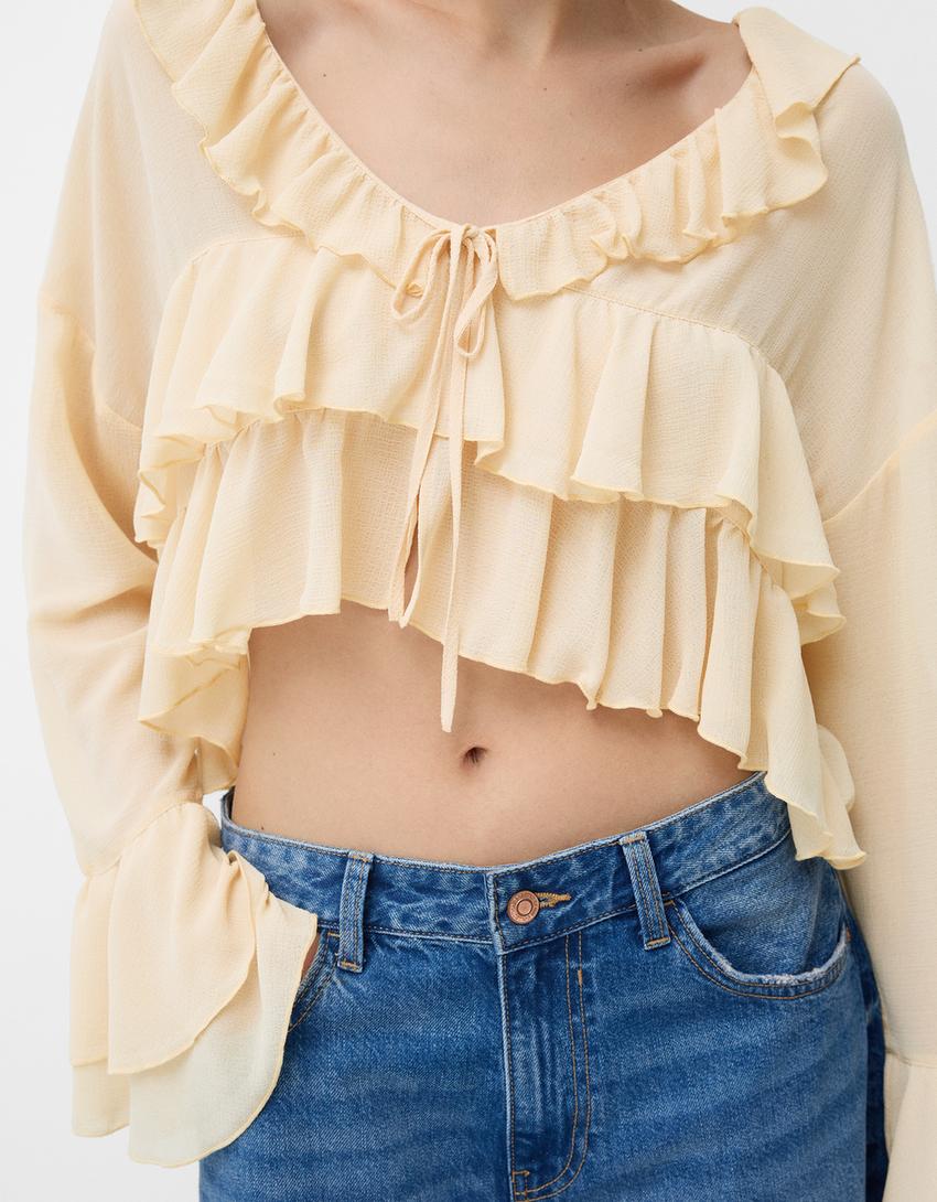 قميص شيفون بكشكش وتفصيل ربطة أمامية-زهري-6