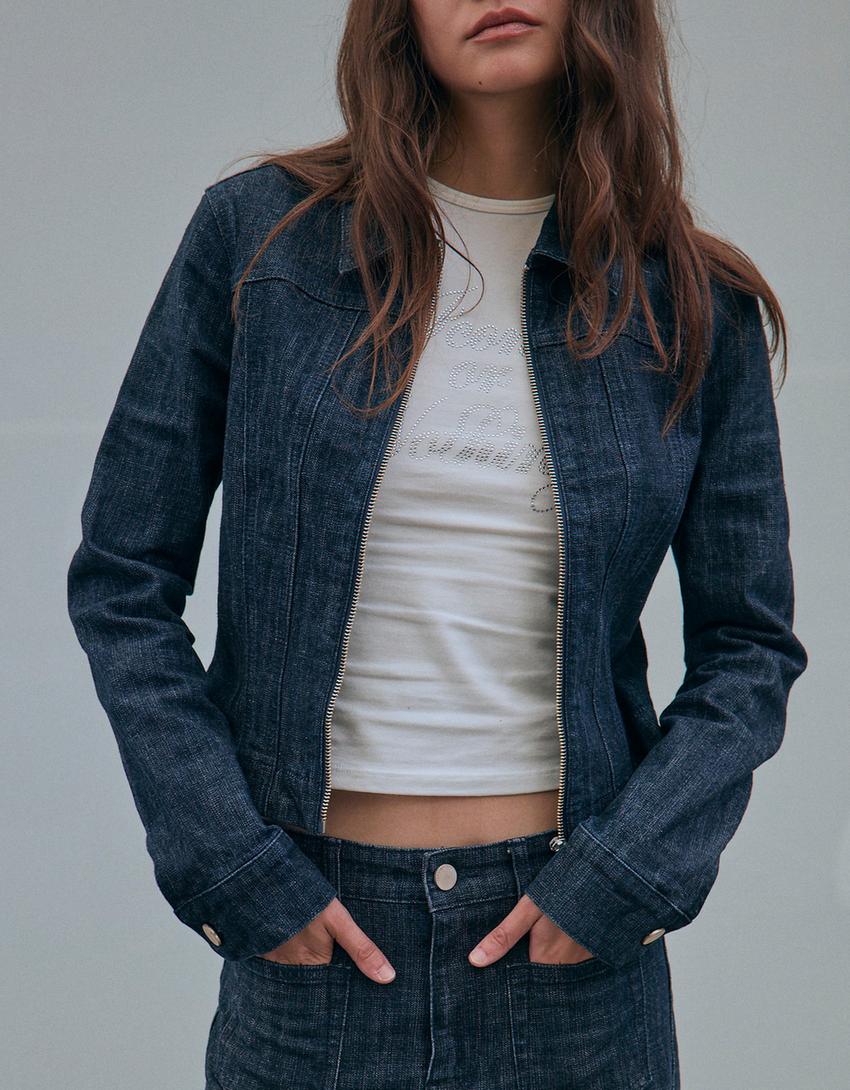 Jakke i denim med lynlås-Marineblå-1
