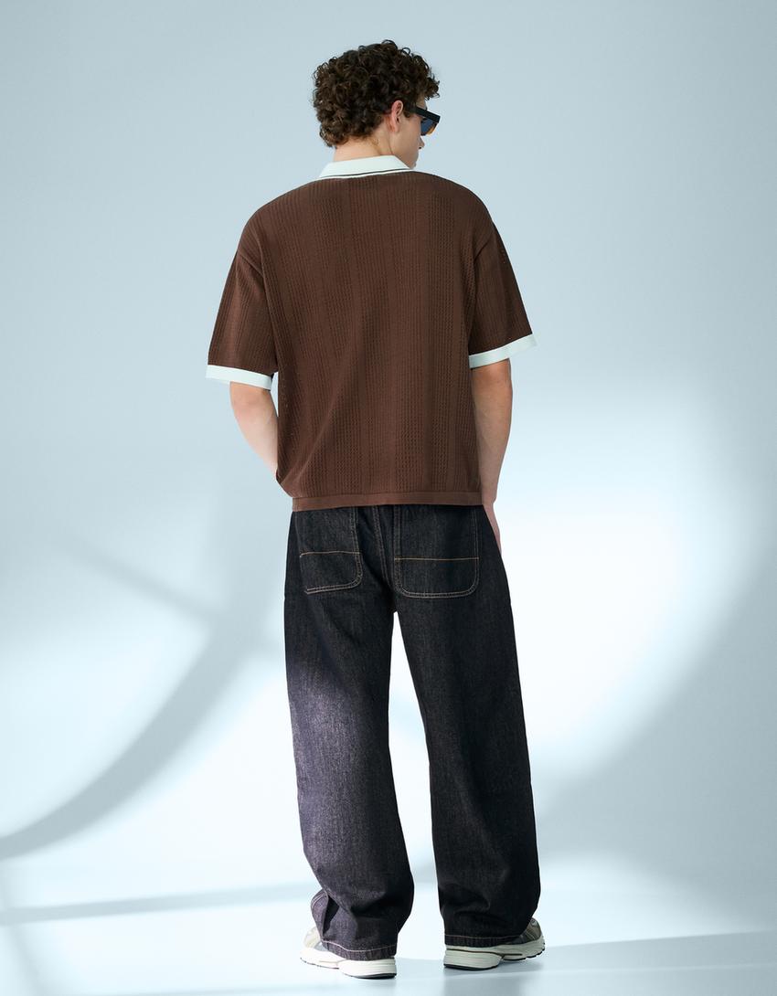 Jeans barrel fit à boutons croisés-Marine