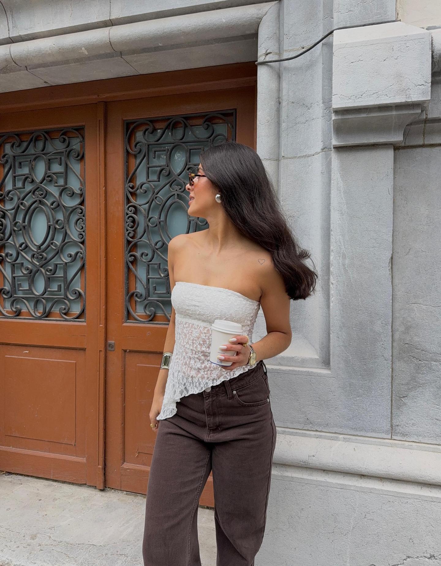 Bershka koronkowy top bandeau biały złamany