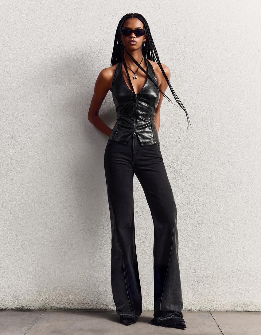 Leather effect halter top with zip-Black-0