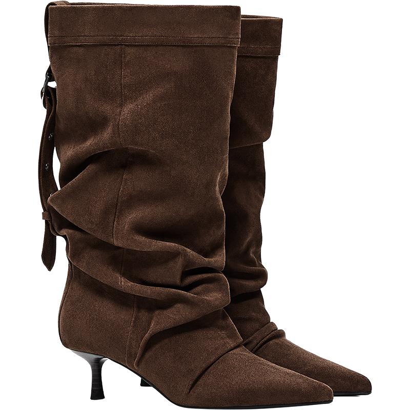 Adjustable slouchy heeled ankle boots — Brown