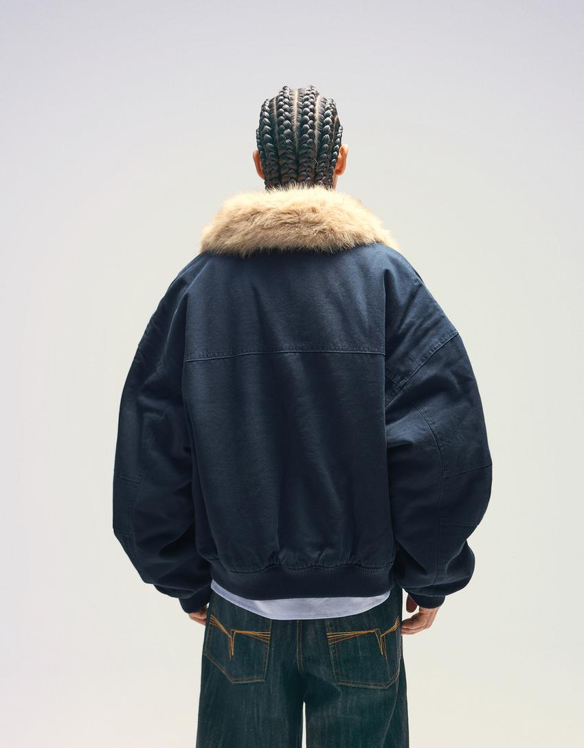 Jacket with faux fur collar-Navy