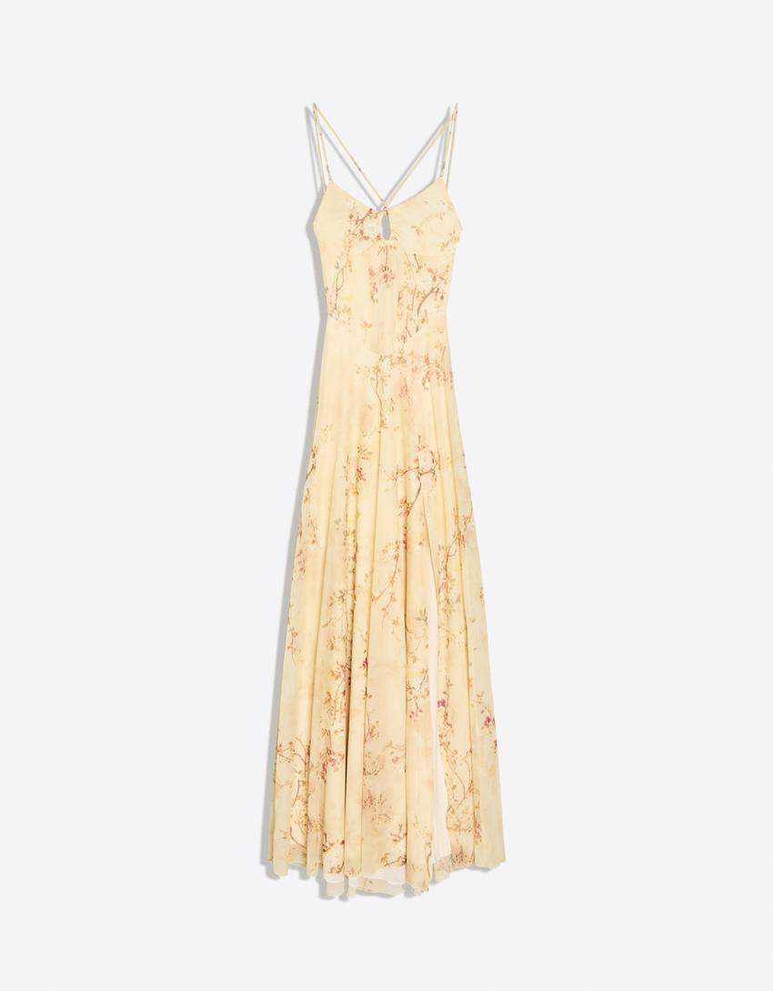 Vestito midi a spalline con fiori-Giallo