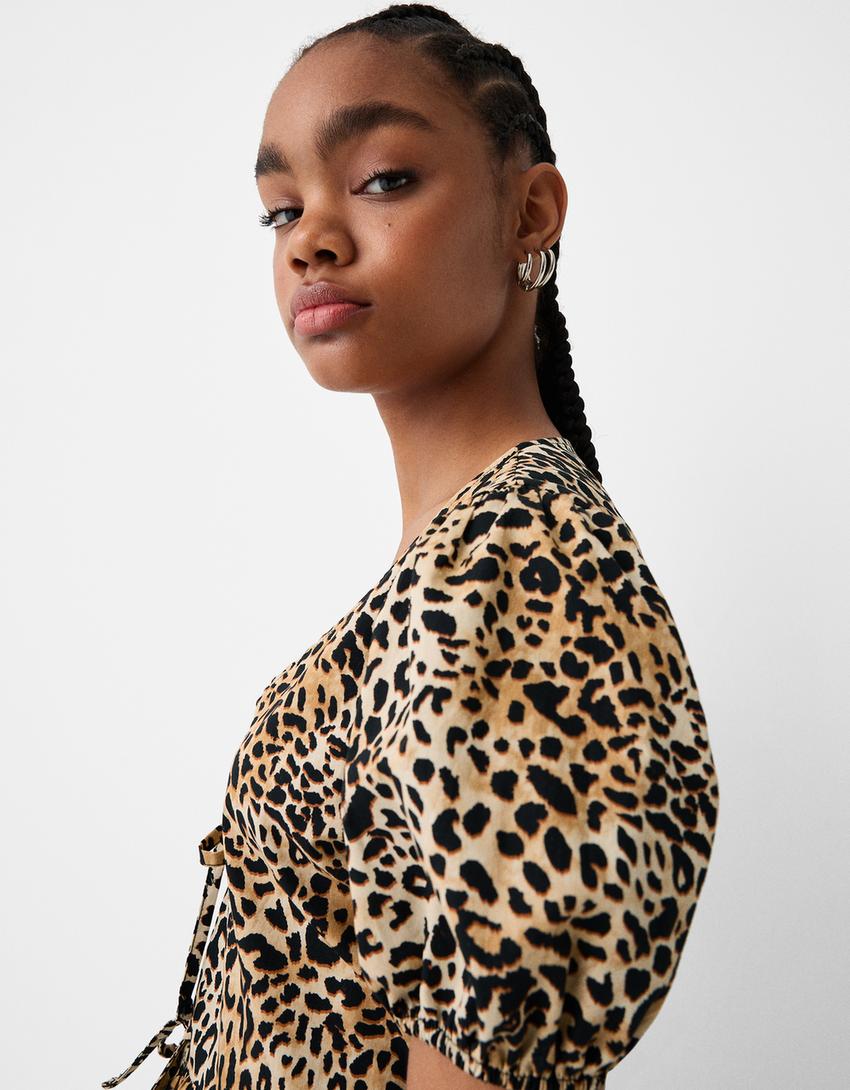 Fiyonk detaylı kısa kollu gömlek-Kum rengi-2