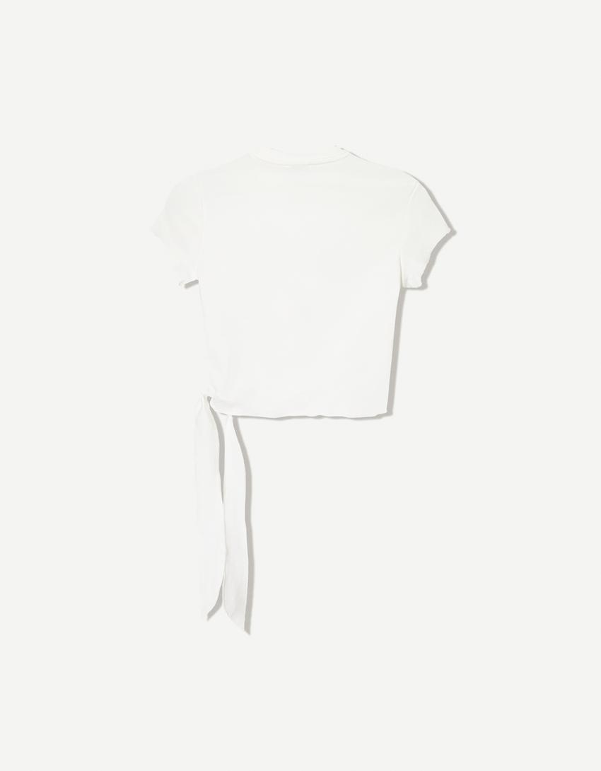 Printed short sleeve T-shirt with knot-Cream-4