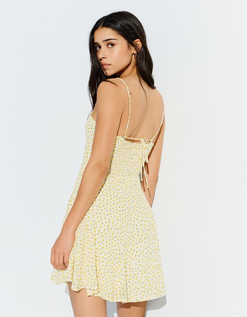 Mini floral print strappy dress-Yellow