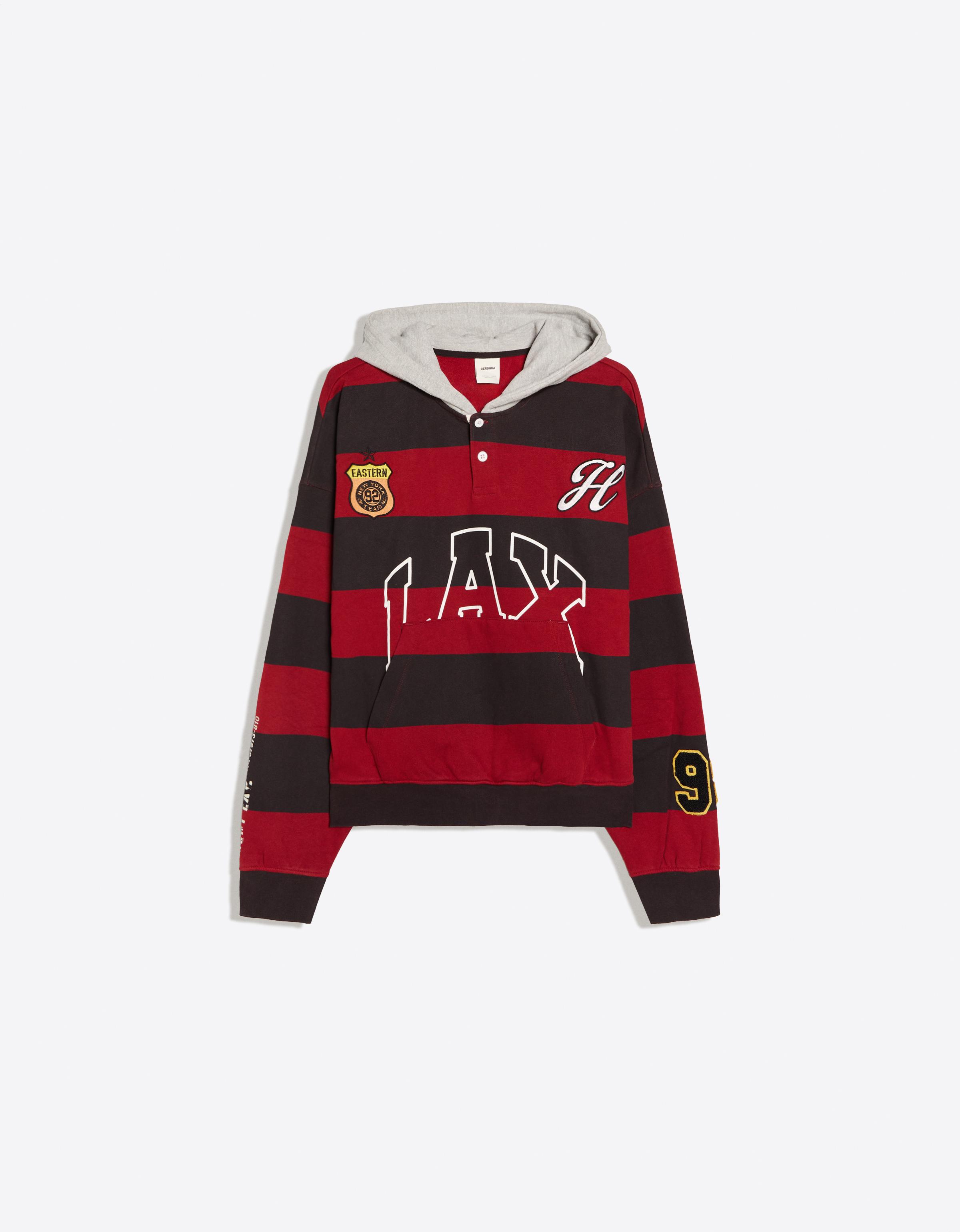 Contrast striped hood sweatshirt — Red