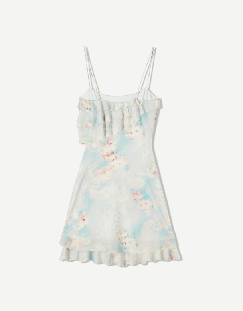 Printed ruffled tulle mini dress-Blue