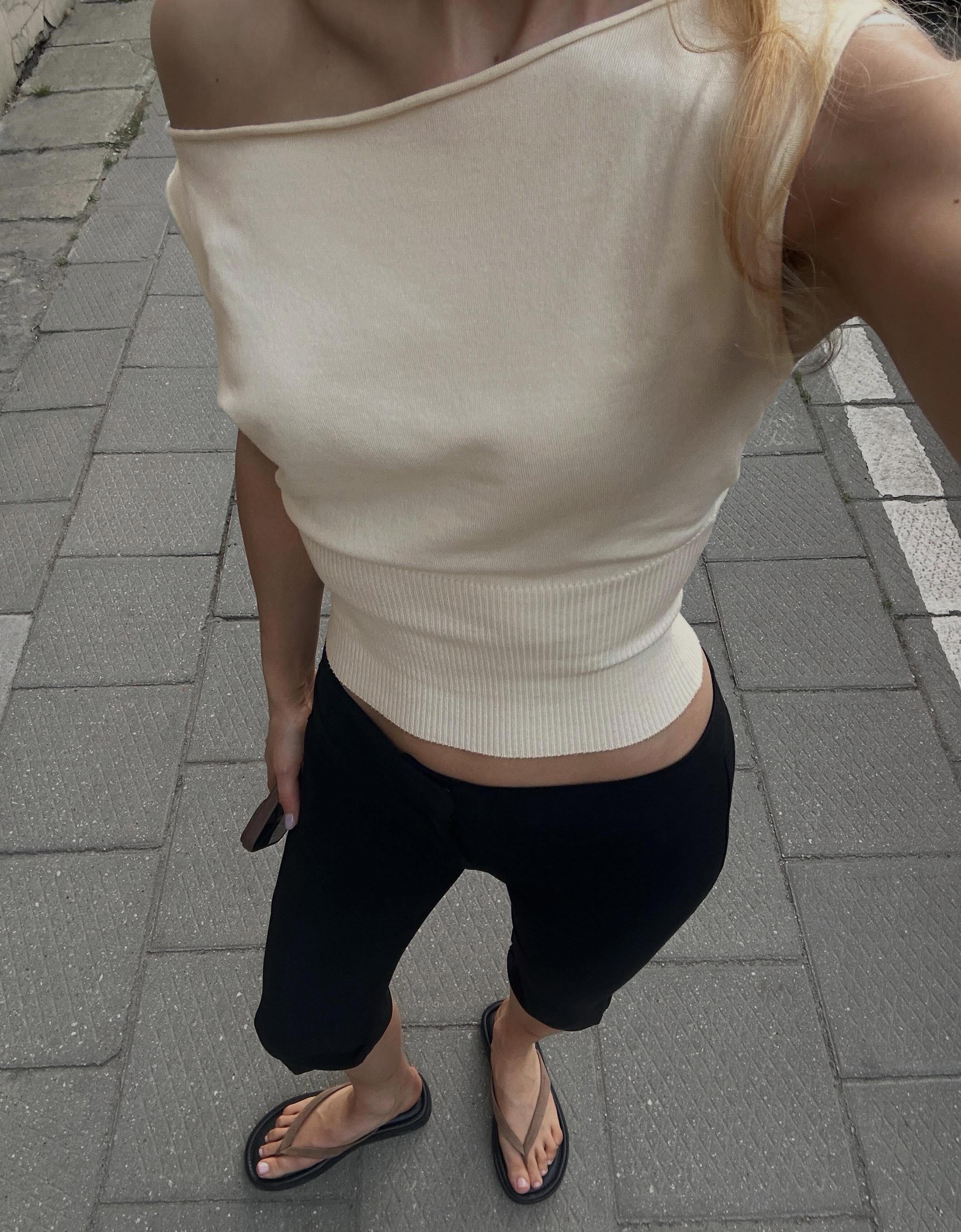 Knit boat neck top — Cream