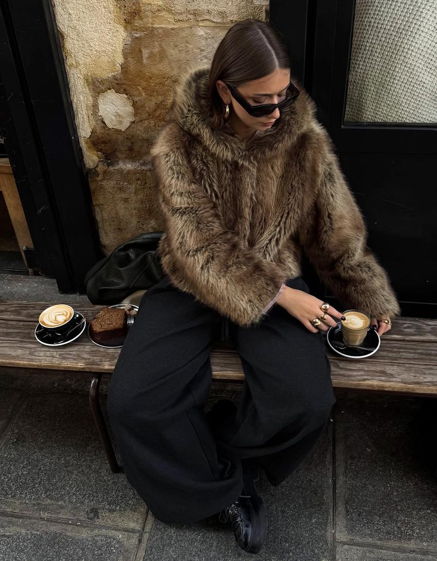 Hooded faux fur jacket-Brown