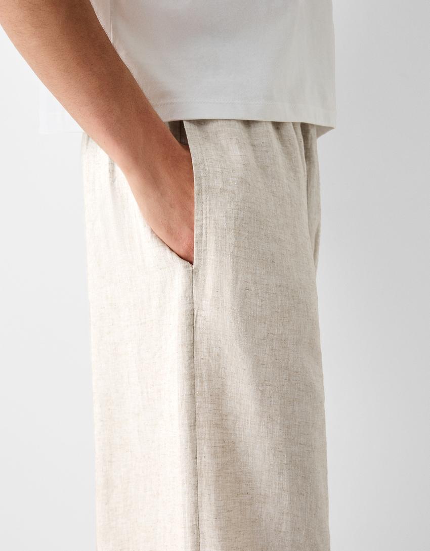 Calças direitas com linho cintura elástica-Cru-3
