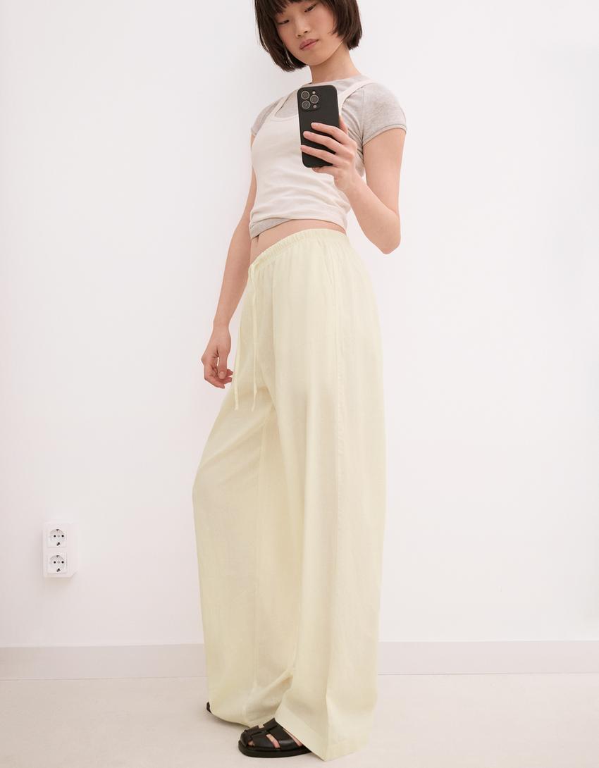 Linen blend trousers with an elasticated waistband-Yellow