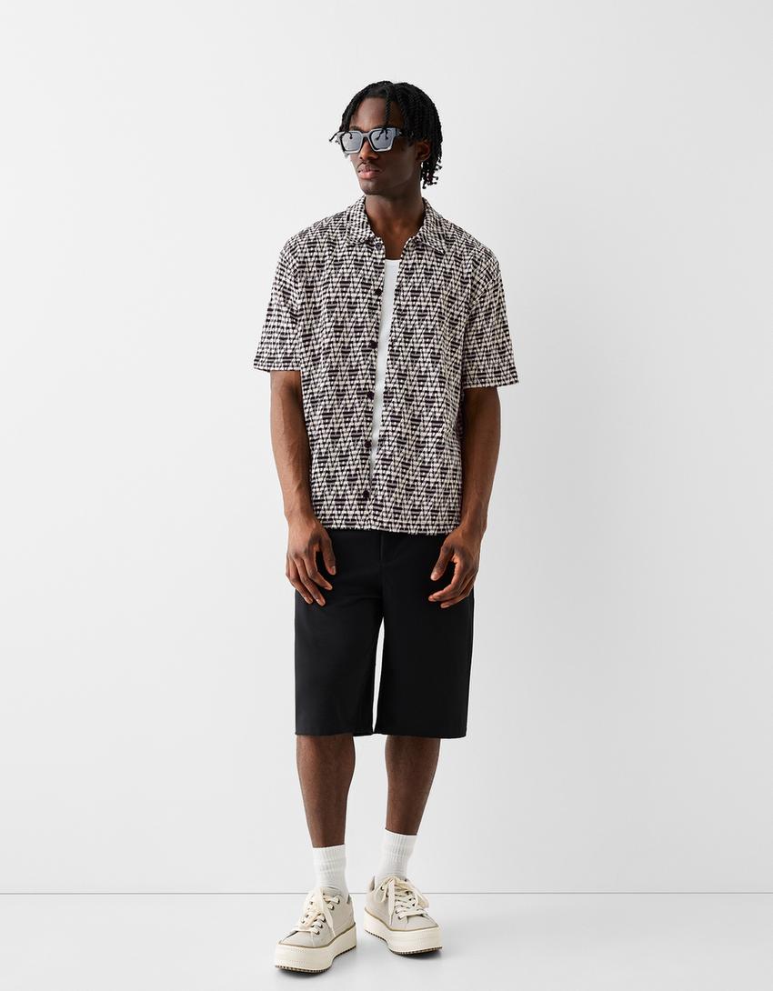 قميص بطبعة وأكمام قصيرة-أبيض / أسود-3