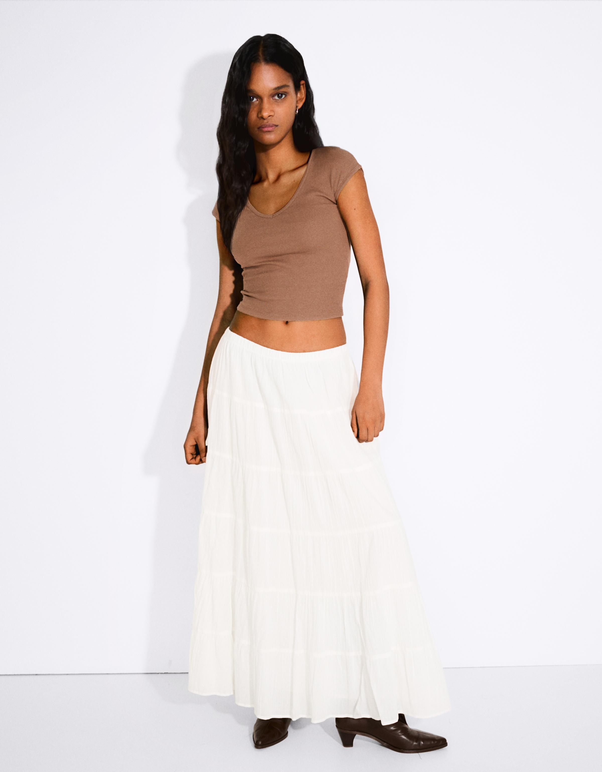 Bershka Maxirock Im Boho-Stil Damen Xs Grbrochenes Weiss