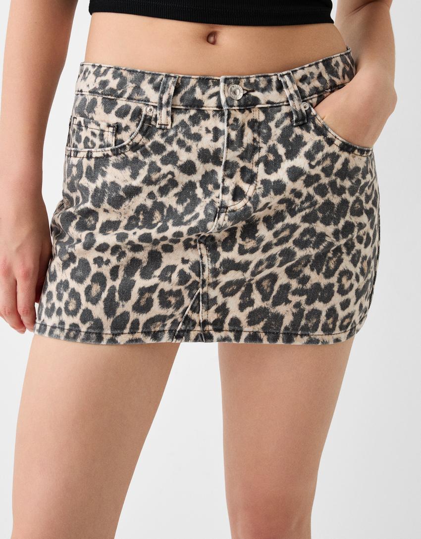 Desenli denim mini etek-Bej-5