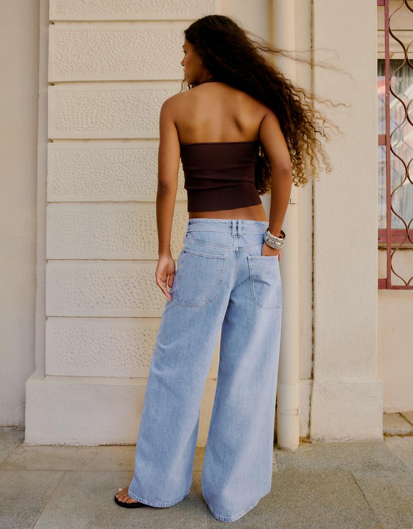 Barrel Jeans mit umgeschlagenem Bund-Ausgewaschenes Blau