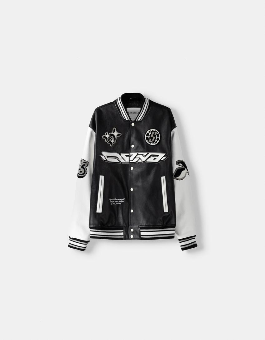 Blouson bomber universitaire similicuir-Noir-4