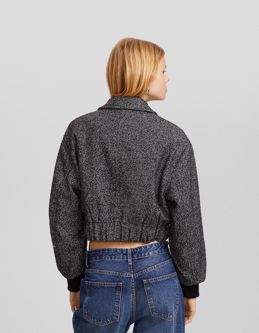 Textured weave wool blend trucker jacket-Dark grey-1