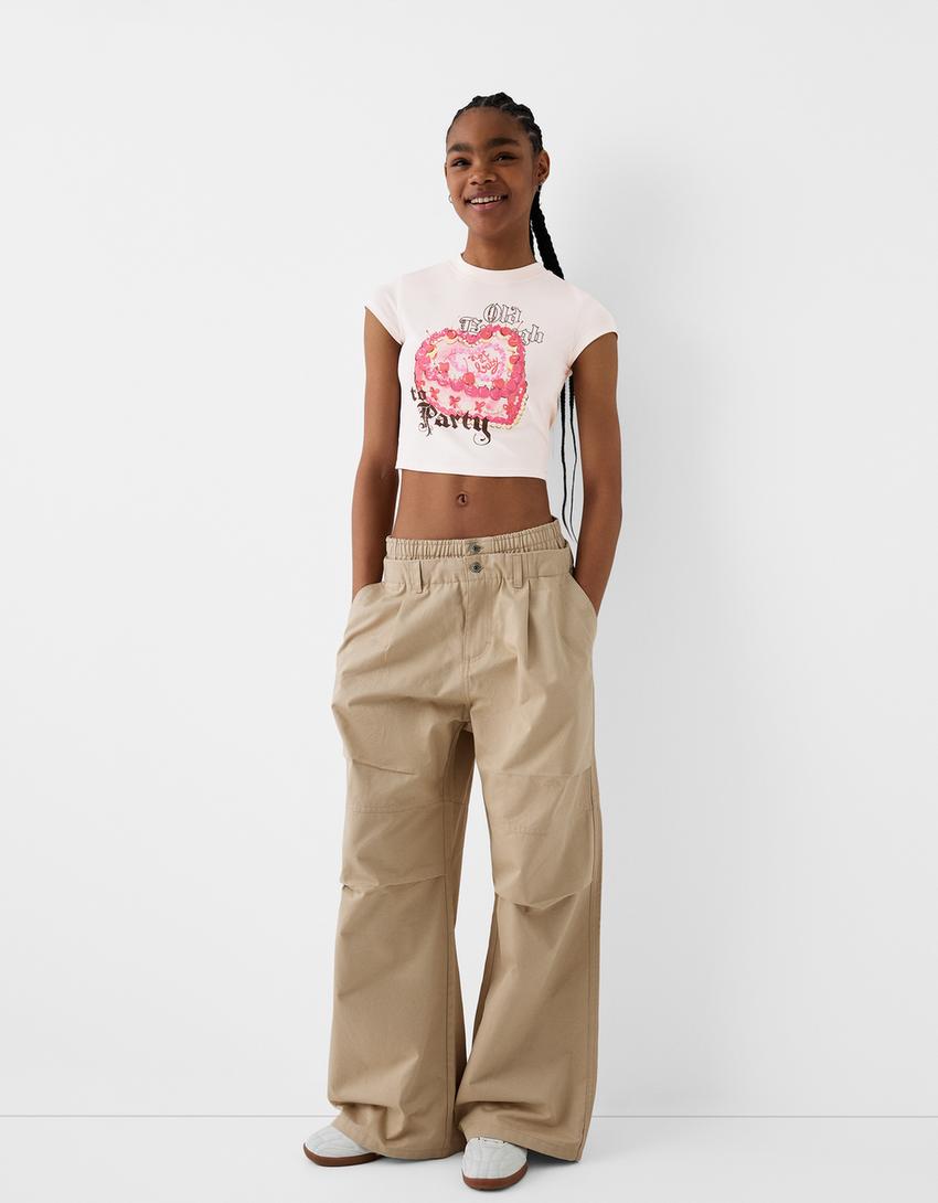 T-shirt manches courtes dos nu imprimé-Rose-3