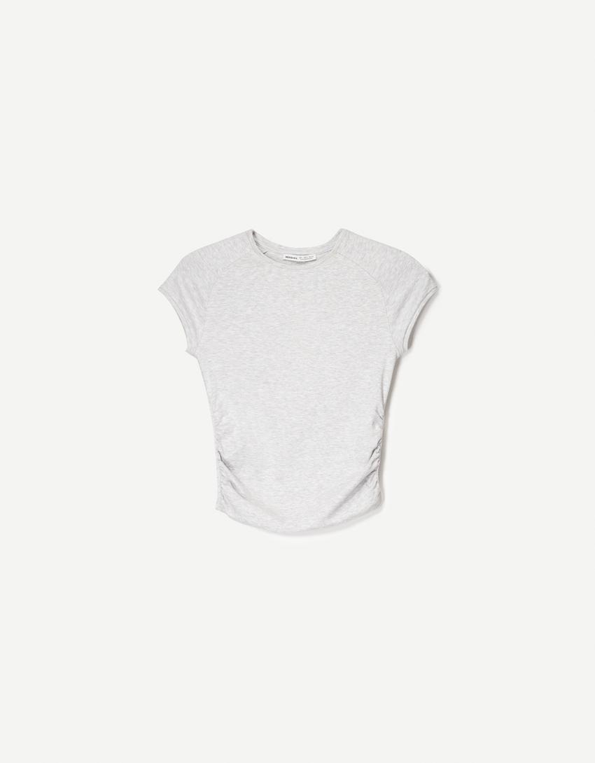 Short sleeve T-shirt with side gathering-Grey-1