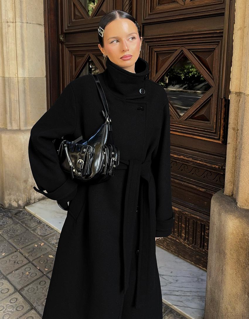 Long high neck coat-Black