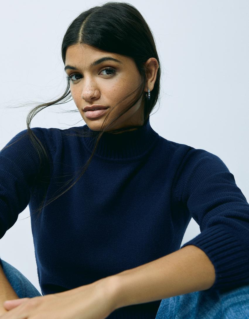 Pull en à col montant-Bleu-3