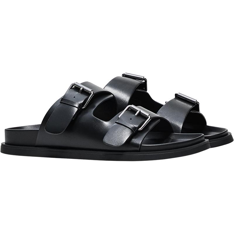 Buckled flat slider sandals — BLACK