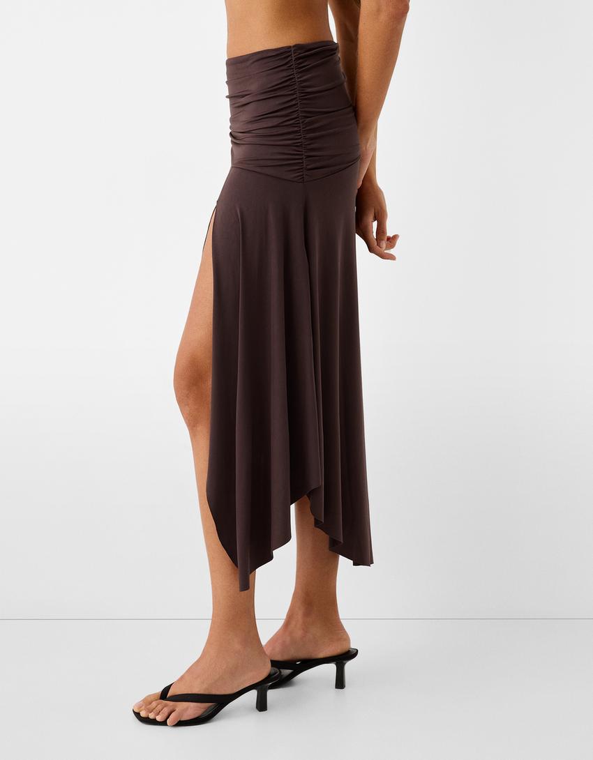 Midi skirt with a turnover waistband-Brown-3