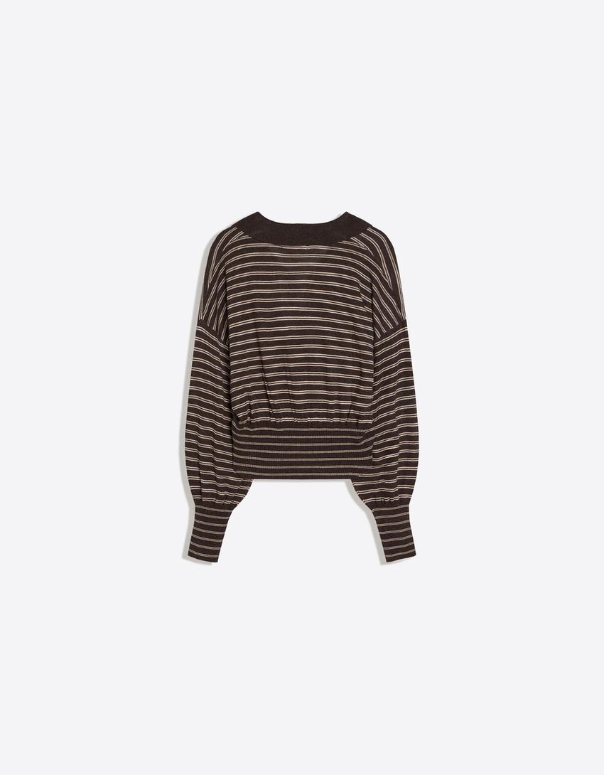 Ribbed polo collar sweater-Brown