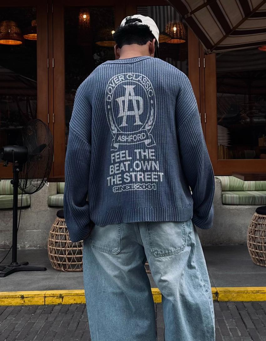 Pull col rond boxy imprimé-Bleu