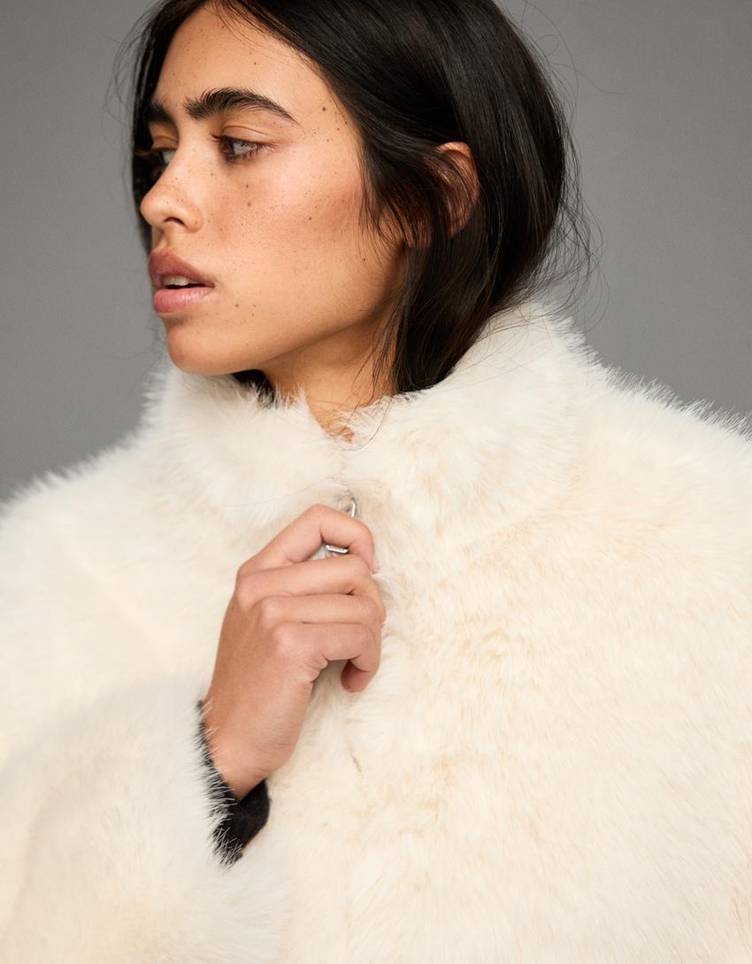 Blouson fausse fourrure-Blanc cassé