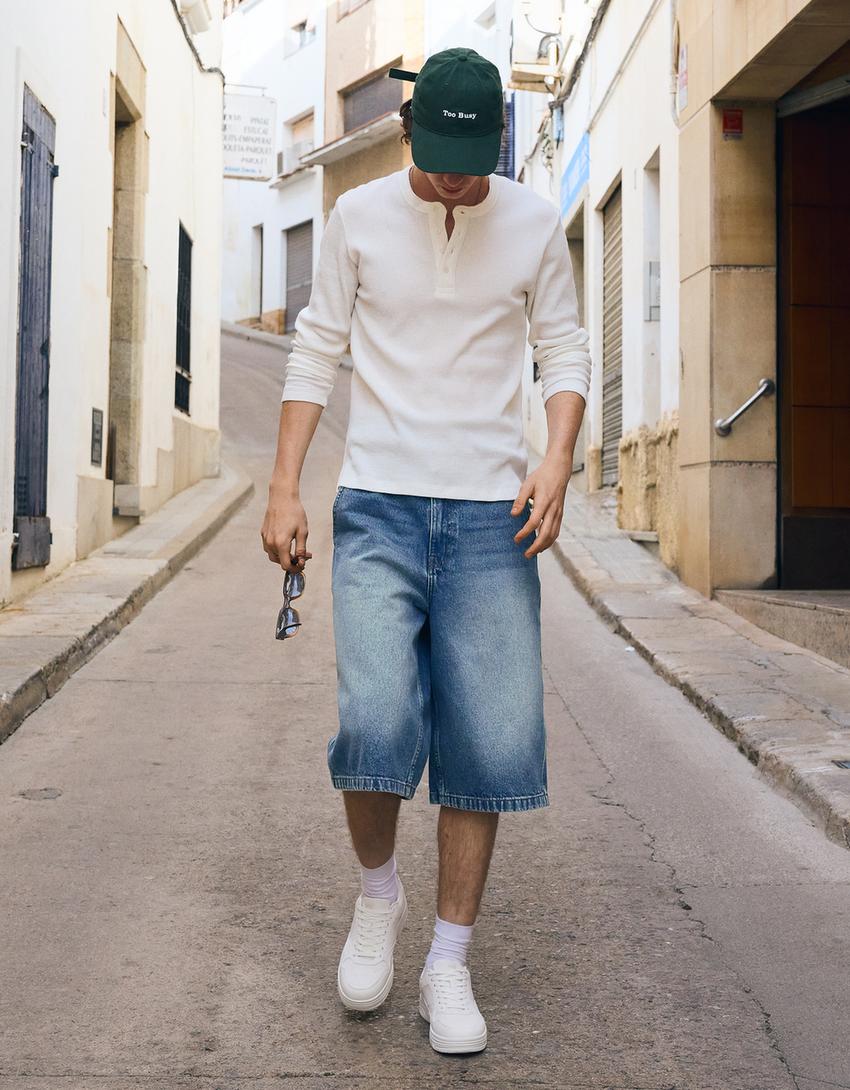 Calções bermuda denim Skater-Azul lavado