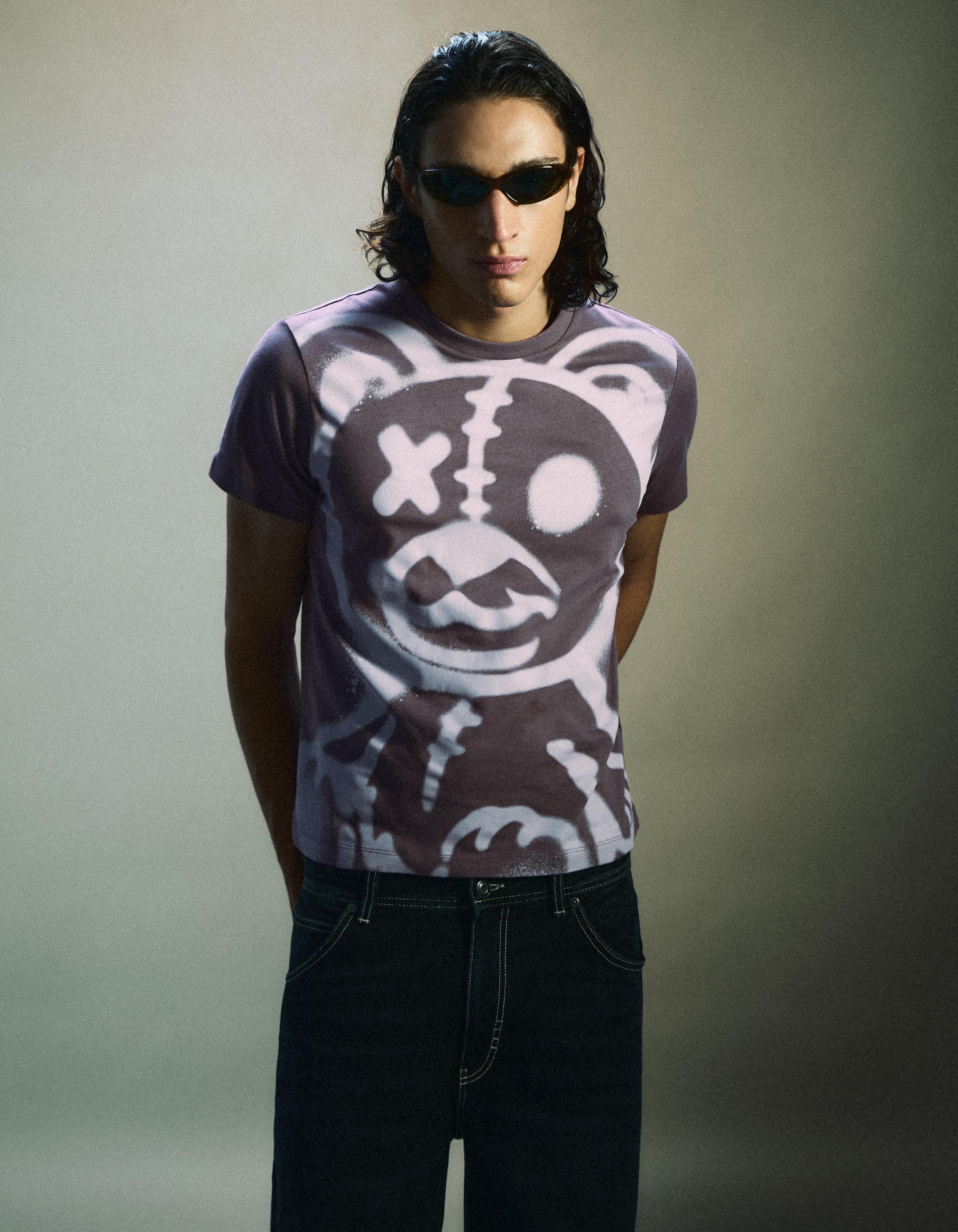 Bershka Camiseta Manga Corta Regular Fit Oso Hombre Azul