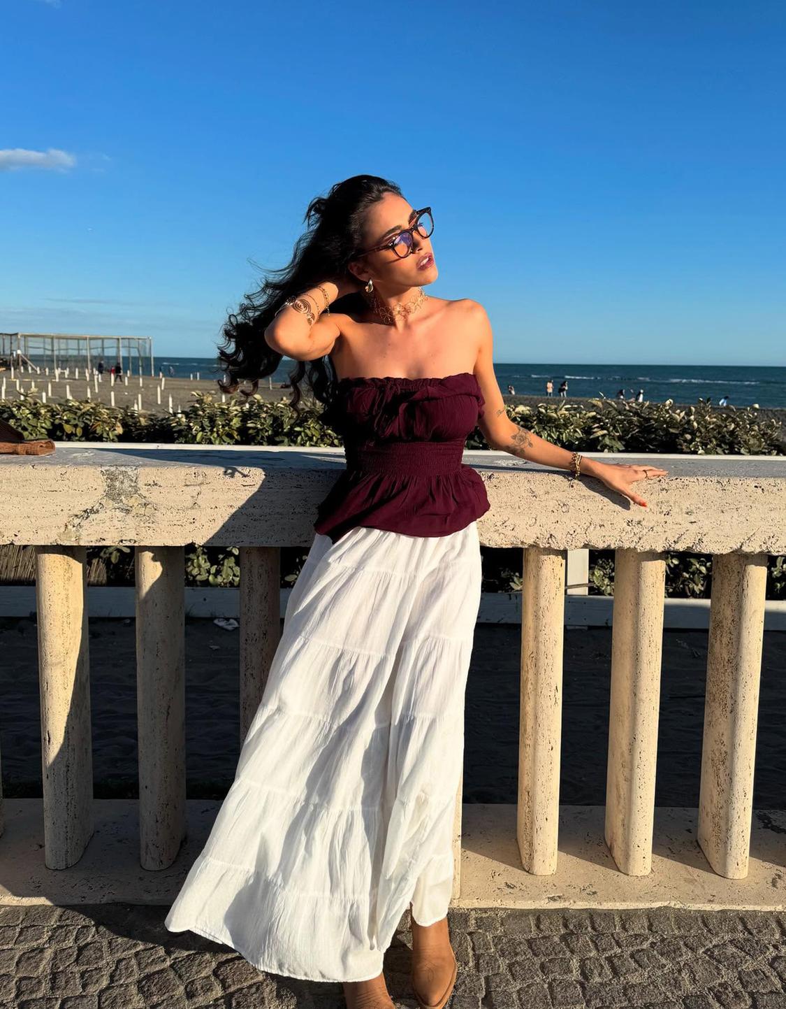 Textured bandeau top with ruffle