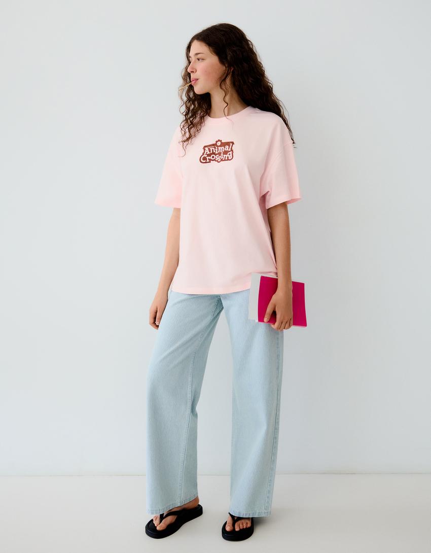 Oversize-T-Shirt mit ANIMAL CROSSING Print-Rosa