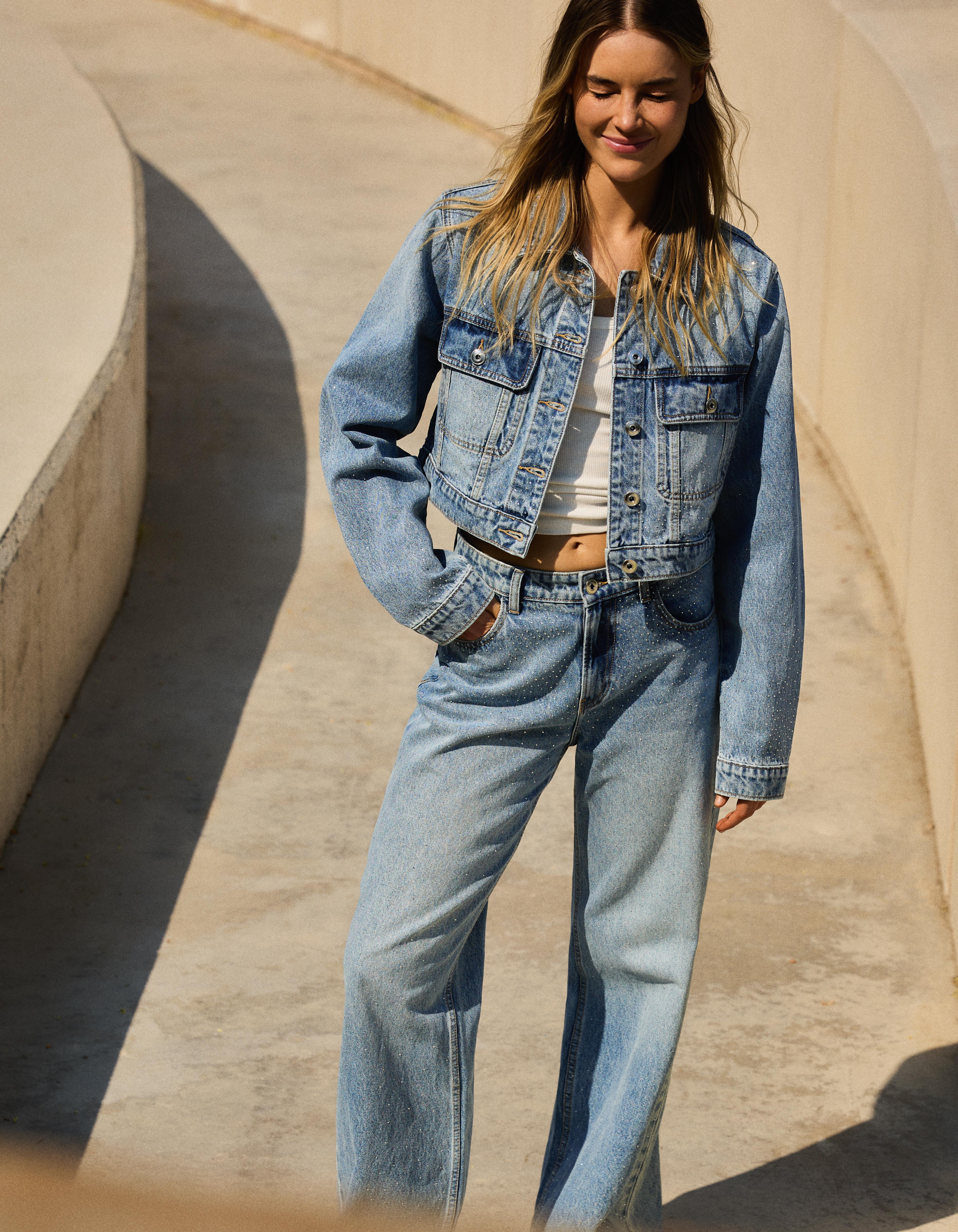 Shimmery cropped denim jacket — Light blue