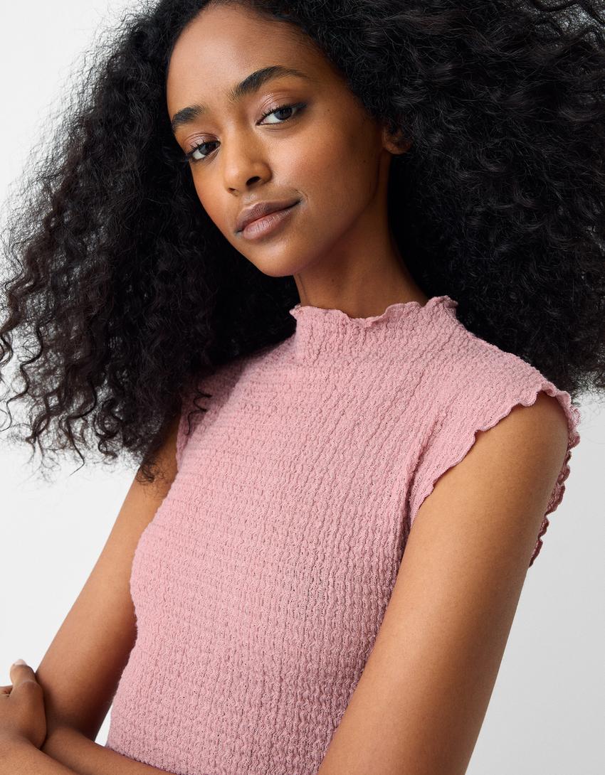 Sleeveless waffle-knit top-Pink-2