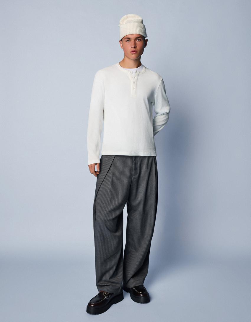 Long sleeve henley slim fit T-shirt-Off white